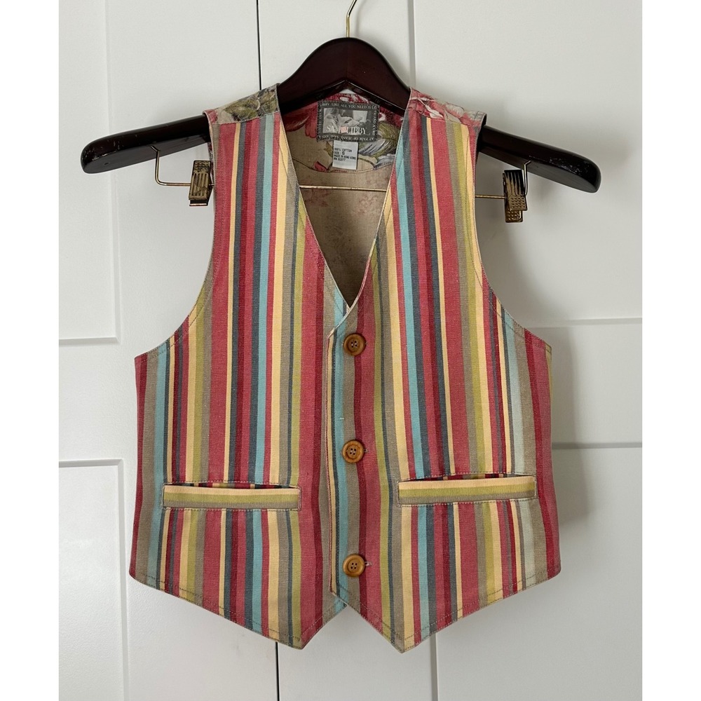 Vintage Sam & Libby Women Striped Floral Cotton Vest Multicolor Size S 90s